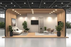 Modern exhibition booth design with comfortable seating and tv screens displaying information photo