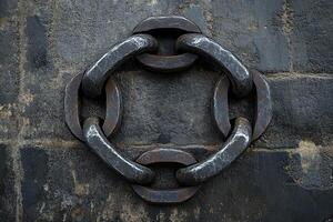 Close up of interlocking metal chain links forming square on textured wall photo