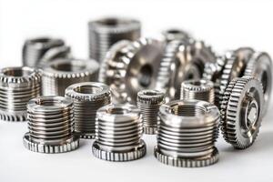 Various sized metal bellows, gears, and threaded components creating intricate industrial design photo