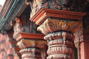 Ornate carved pillars supporting traditional nepalese temple architecture photo