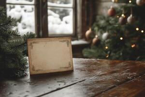 Blank christmas card leaning on wooden table with decorated tree and snowy window in background photo