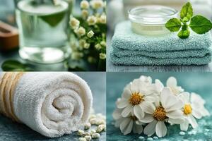 Spa collage showing essential oils, towels, chamomile flowers and bath salts creating a relaxing atmosphere photo