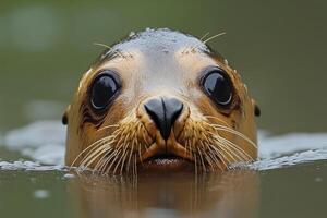 Curious sea lion emerging from murky water with intense gaze photo