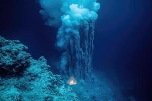 Underwater volcano erupting, releasing smoke and lava from hydrothermal vent photo