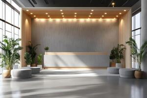 Modern hotel lobby interior design with reception desk and plants photo