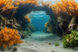 Golden kelp forest creating a tunnel in the deep blue sea photo