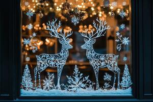 Two white christmas reindeer decoration on a shop window with snow and string lights photo