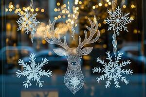 Christmas window display featuring reindeer and snowflakes with city lights in the background photo