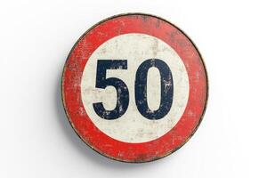 Old weathered speed limit sign showing fifty kmh on white background photo