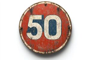Rusty vintage looking speed limit traffic sign showing fifty on white background photo