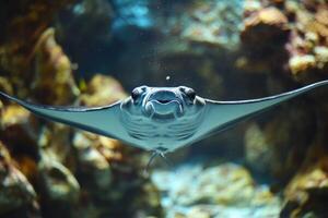 Batfish smiling underwater in aquarium with coral reef photo