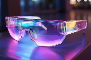 Futuristic holographic sunglasses resting on reflective surface in neon light photo