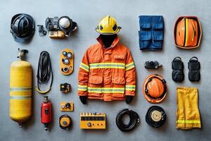 Firefighter uniform and equipment arranged on gray background photo