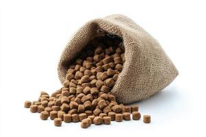 Dry pet food spilling from burlap sack on white background photo