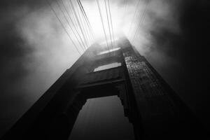 Golden gate bridge towering through fog in black and white photo