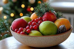 Bowl overflowing with festive fruits and pine sprigs in front of christmas tree lights photo