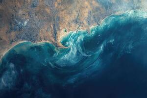 Turquoise ocean waves crashing on sandy beach, aerial view of coastal landscape photo