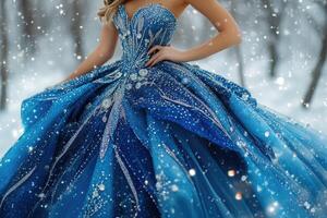 Woman wearing sparkling blue dress in winter wonderland photo
