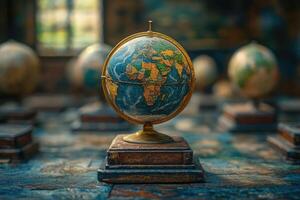 Vintage globe showing africa resting on stack of old books in library photo