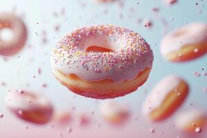 Delicious pink iced donut floating with sprinkles on a pastel background photo