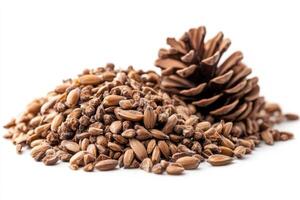 Pine cone resting on a pile of unhulled rice on white background photo