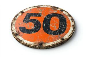 Rusty and weathered speed limit 50 road sign isolated on white background photo