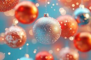 Christmas ornaments hanging, creating a festive atmosphere with sparkling glitter and bokeh effect photo