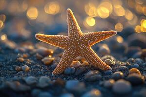 Starfish resting on pebbles at sunset on the beach photo