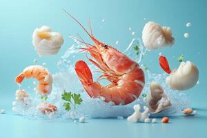 Fresh shrimp, scallops, and parsley splashing in water on vibrant blue background photo