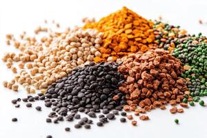 Various seeds and grains creating a colorful and textured composition photo
