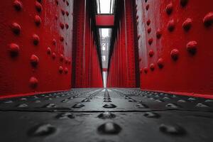 Rivets and metal plates create a corridor effect on a red bridge photo