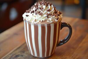 Hot chocolate with whipped cream and chocolate shavings in a striped mug photo