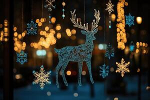 Christmas reindeer and snowflakes hanging, creating festive atmosphere photo