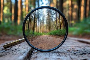 Magnifying glass showing forest path leading to bright future photo