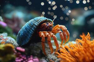Orange hermit crab with blue shell exploring a coral reef photo