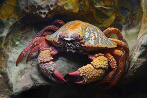 Colorful crab posing on a rock in the ocean photo