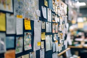 Bulletin board showing notes, maps, and documents with push pins photo
