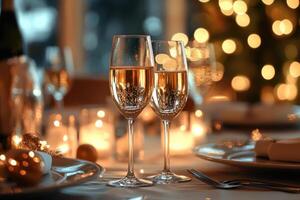 Two champagne flutes sparkling on festive christmas table setting photo