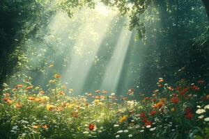 Sunbeams filtering through trees illuminating wildflowers in magical forest photo