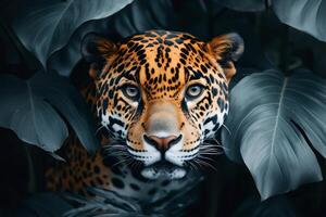 Jaguar hiding in the jungle foliage, showing its intense gaze photo