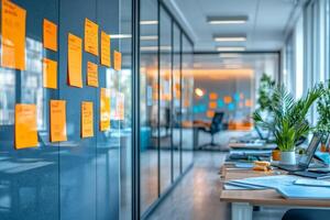 Modern office showing brainstorming and creative work with sticky notes on glass wall photo