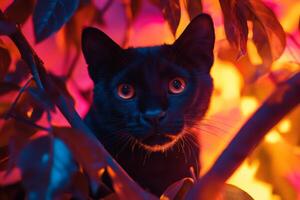 Black cat hiding in colorful foliage with intense gaze photo