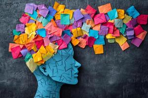 Thoughts escaping from a cracked, blue, human head made of paper on dark background photo