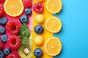 Sliced fruits and berries creating colorful pattern on vibrant background photo