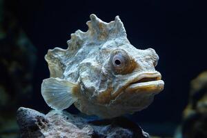 Toadfish resting on a rock in dark water with open mouth showing teeth photo