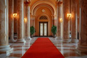 Red carpet leading to ornate door in grand hall with marble columns photo