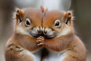 Two adorable squirrels are hugging each other photo