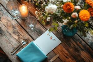 Elegant wedding table setting decorated with flowers and candles on rustic wooden table photo