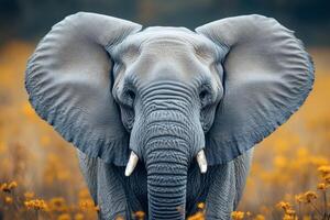 Majestic elephant standing in field of yellow flowers photo