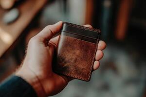 Hand holding brown leather wallet with credit card inside photo